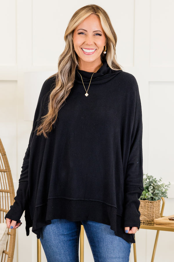 Chic Soul plus size clothing, black long sleeve flowy top with ribbed cuff sleeves with ribbed band along the bottom with slit with cowl turtleneck detail