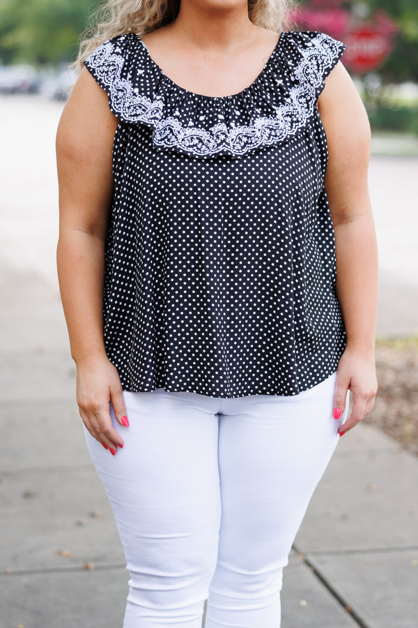 Chic Soul plus size clothing, black flowy top with white polka dot pattern and ruffles and lace embroidery on neckline