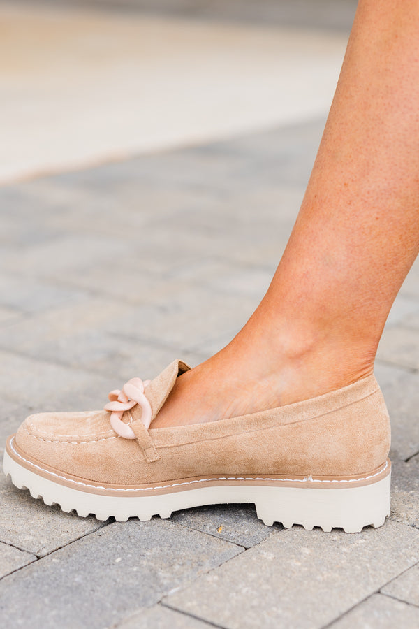Chic Soul plus size clothing, taupe loafers with beige chain across the front