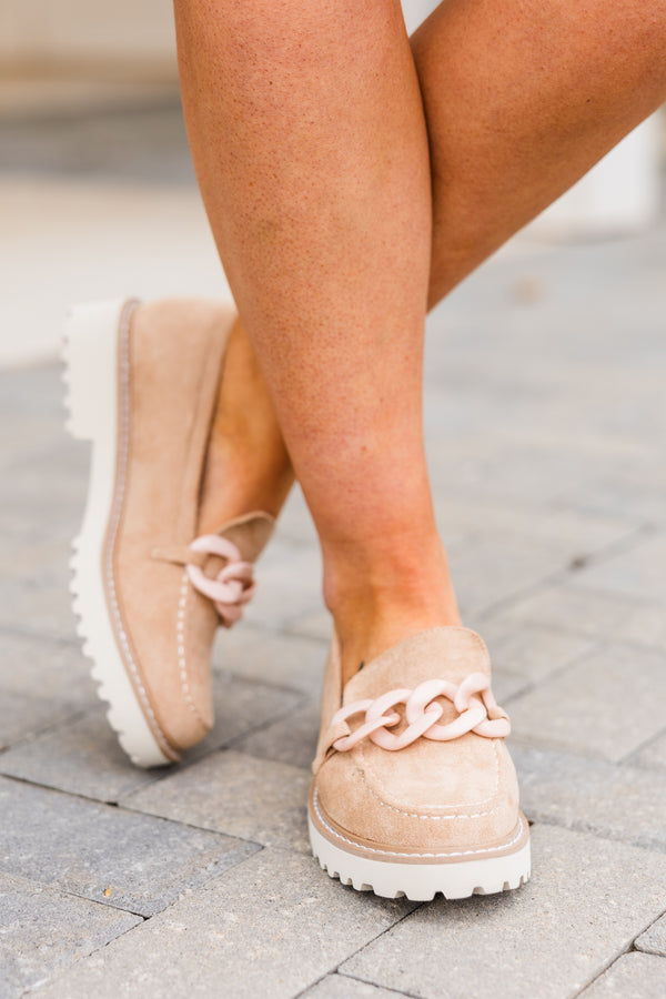 Chic Soul plus size clothing, taupe loafers with beige chain across the front