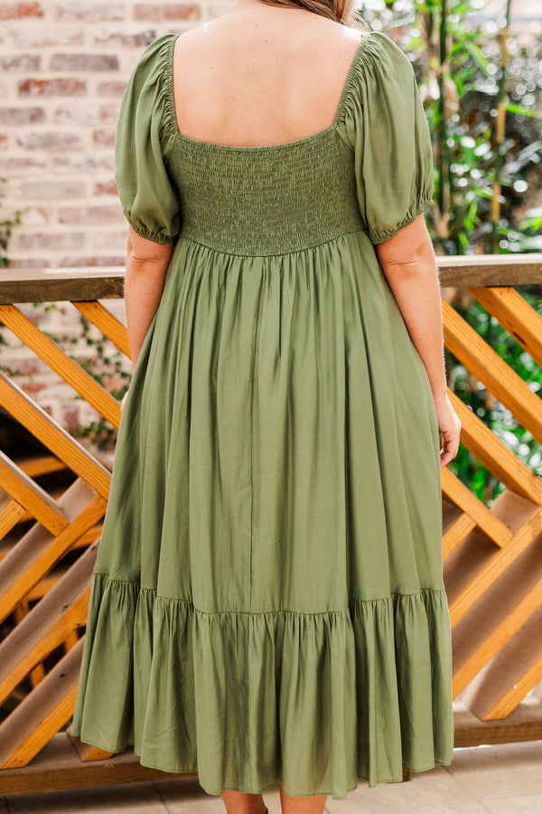 Chic Soul plus size clothing, short sleeve olive midi dress with synched chest with sweetheart neckline with puff sleeves and ruffle tier along the bottom
