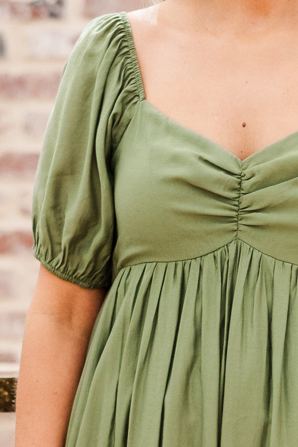 Chic Soul plus size clothing, short sleeve olive midi dress with synched chest with sweetheart neckline with puff sleeves and ruffle tier along the bottom