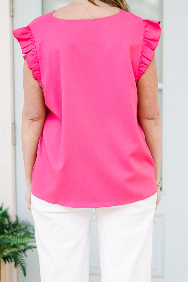 Chic Soul plus size clothing, solid fuchsia tank top with flutter sleeves and a slight scalloped v-neck 