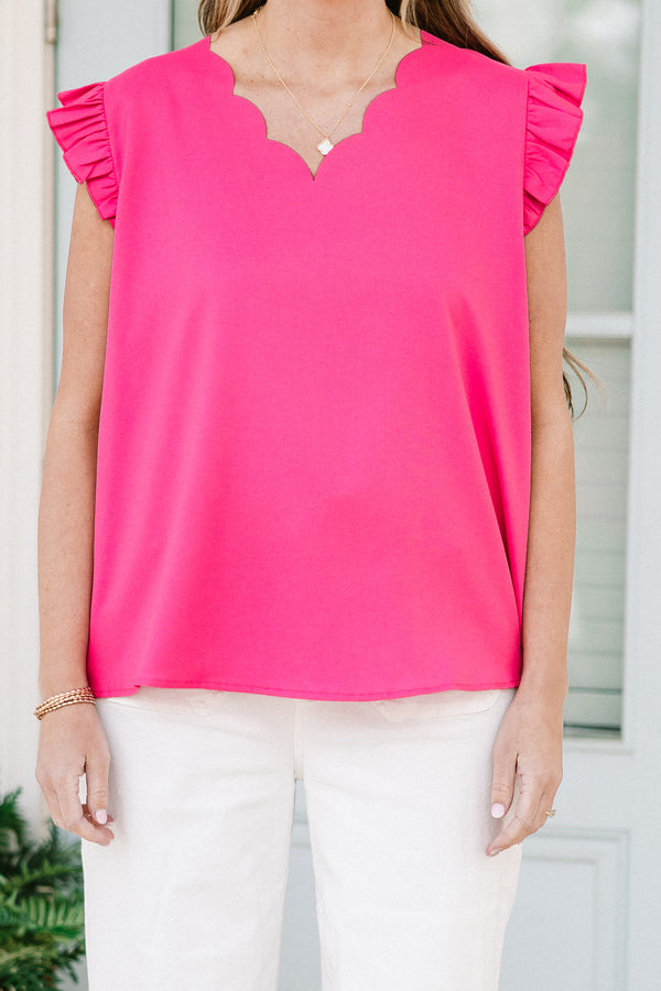 Chic Soul plus size clothing, solid fuchsia tank top with flutter sleeves and a slight scalloped v-neck 