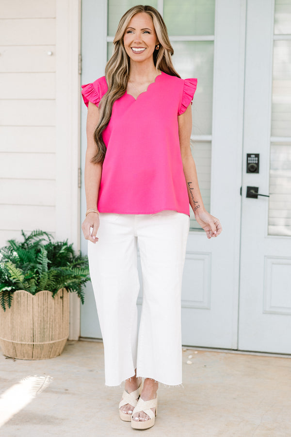 Chic Soul plus size clothing, solid fuchsia tank top with flutter sleeves and a slight scalloped v-neck 