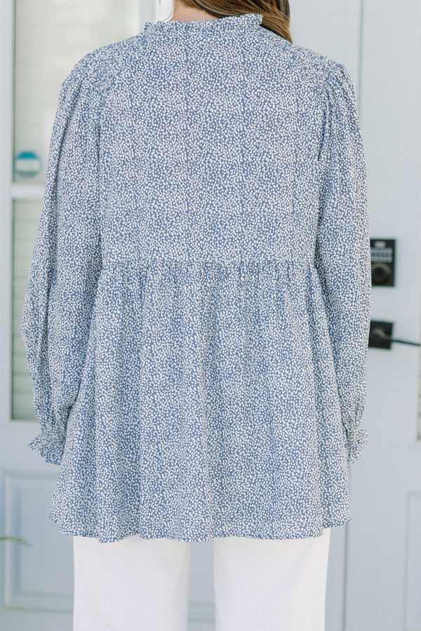 Chic Soul plus size clothing, blue long sleeve top with quarter button up detail and cuff frilled sleeves with white dotted print