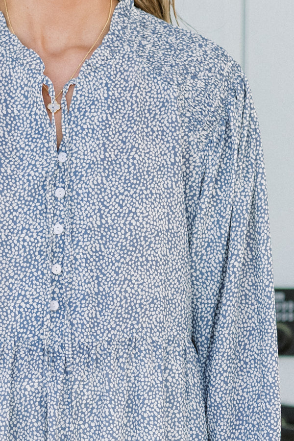 Chic Soul plus size clothing, blue long sleeve top with quarter button up detail and cuff frilled sleeves with white dotted print