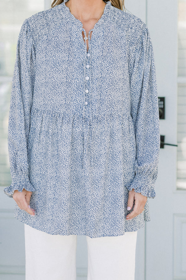 Chic Soul plus size clothing, blue long sleeve top with quarter button up detail and cuff frilled sleeves with white dotted print
