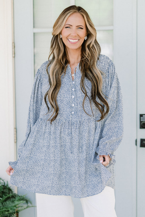 Chic Soul plus size clothing, blue long sleeve top with quarter button up detail and cuff frilled sleeves with white dotted print