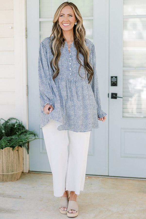 Chic Soul plus size clothing, blue long sleeve top with quarter button up detail and cuff frilled sleeves with white dotted print