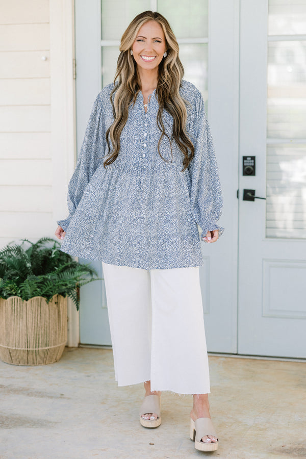 Chic Soul plus size clothing, blue long sleeve top with quarter button up detail and cuff frilled sleeves with white dotted print