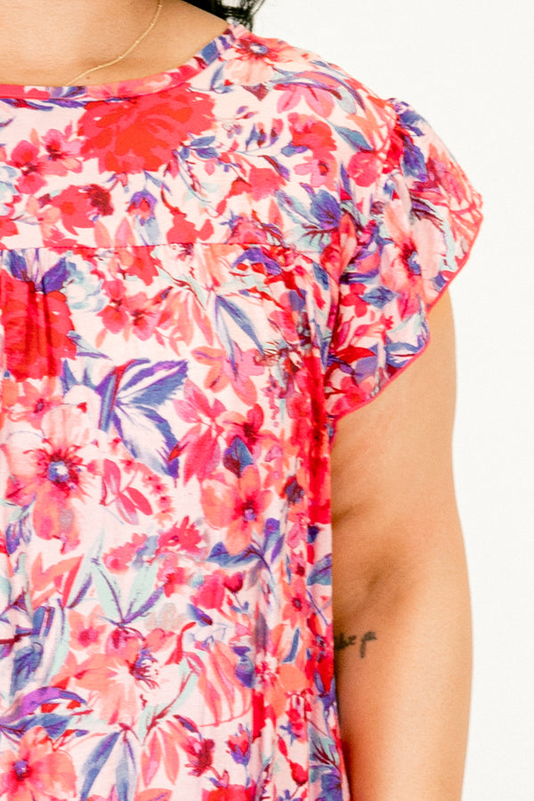 Chic Soul pls size clothing, multi-color short dress with a floral and abstract pattern with flutter sleeves 