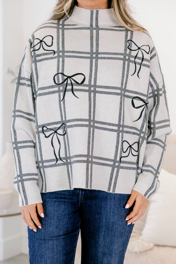 Chic Soul plus size clothing, white and grey grid pattern long sleeve sweater with mock neck and black bow print 