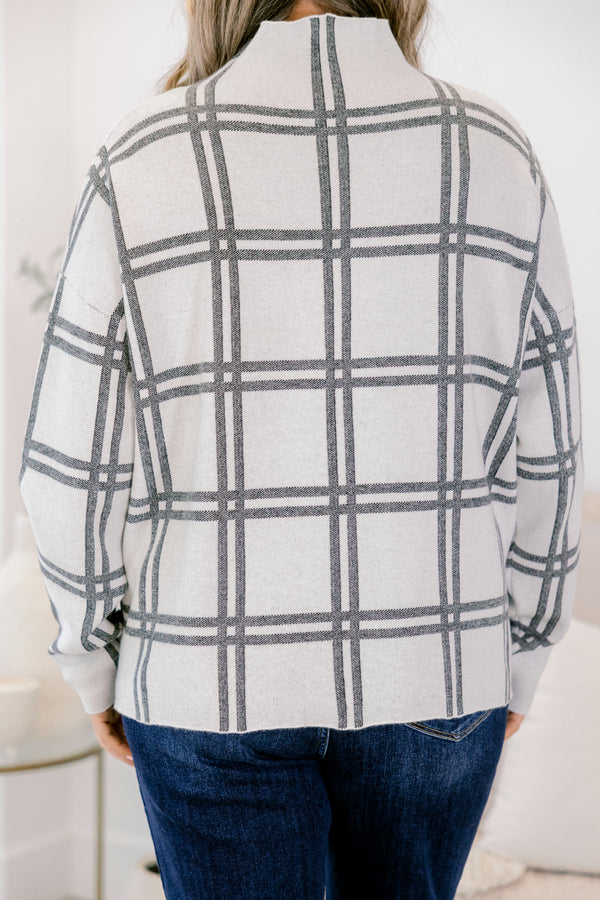 Chic Soul plus size clothing, white and grey grid pattern long sleeve sweater with mock neck and black bow print 