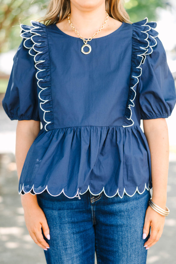 Plus size navy blue cotton Worth It Top with white scalloped ruffles and a flowy peplum silhouette.