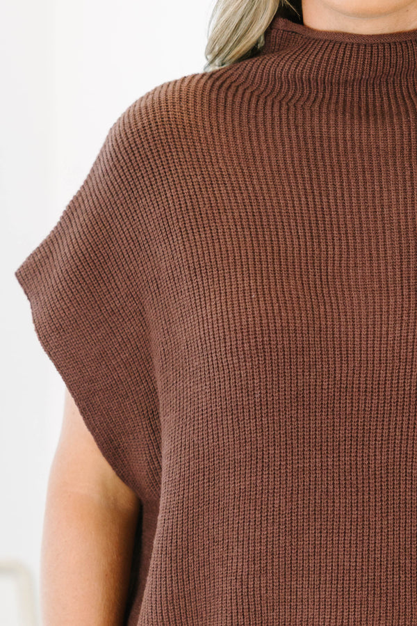 Plus Size brown knit sweater vest with a high mock neckline and oversized cap sleeves.