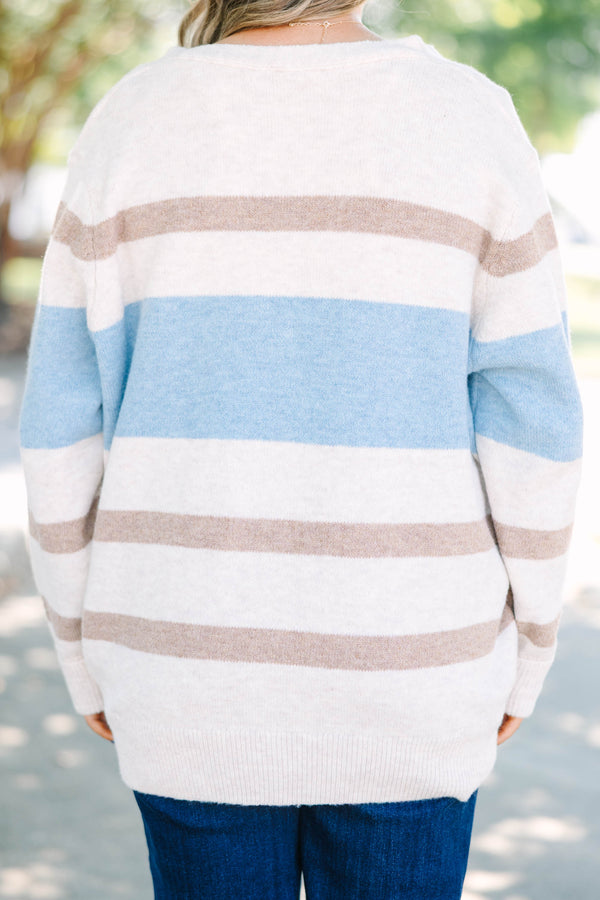 Plus Size oversized v-neck cardigan with brown and blue horizontal stripes and button-down front.