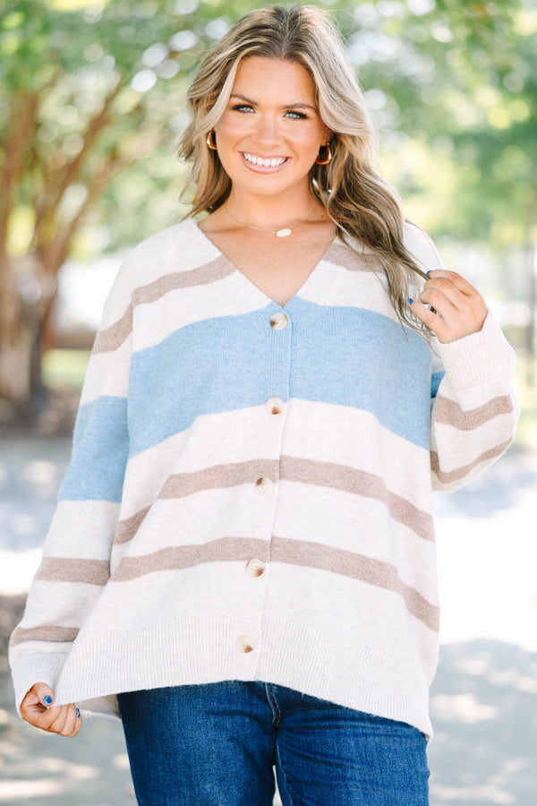 Plus Size oversized v-neck cardigan with brown and blue horizontal stripes and button-down front.