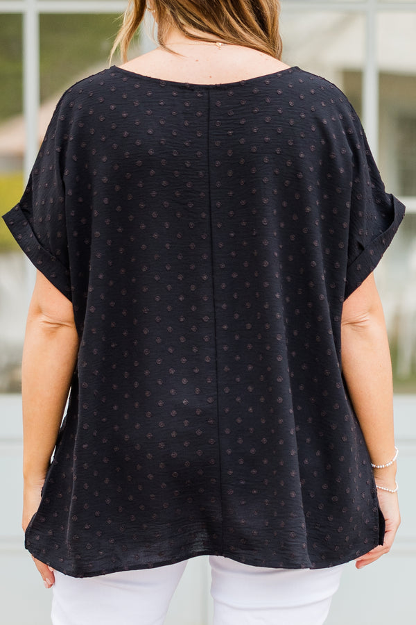 Chic Soul plus size clothing, short sleeve black top with v-neckline and subtle brown polka dots 