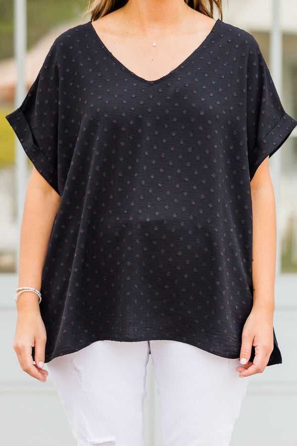 Chic Soul plus size clothing, short sleeve black top with v-neckline and subtle brown polka dots 