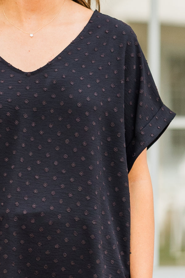 Chic Soul plus size clothing, short sleeve black top with v-neckline and subtle brown polka dots 