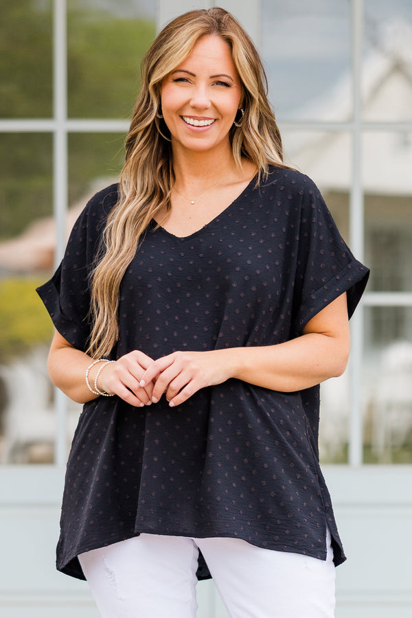 Chic Soul plus size clothing, short sleeve black top with v-neckline and subtle brown polka dots 