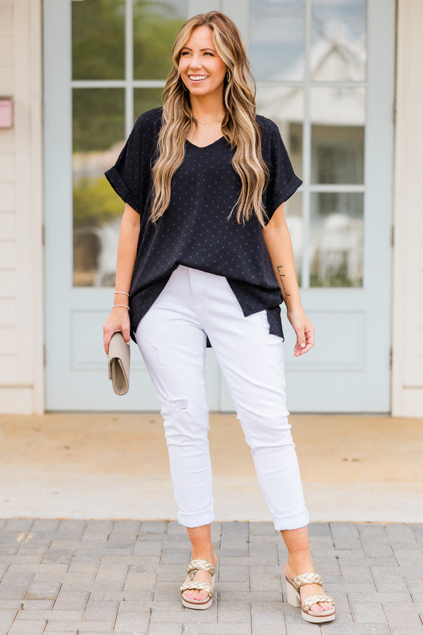 Chic Soul plus size clothing, short sleeve black top with v-neckline and subtle brown polka dots 