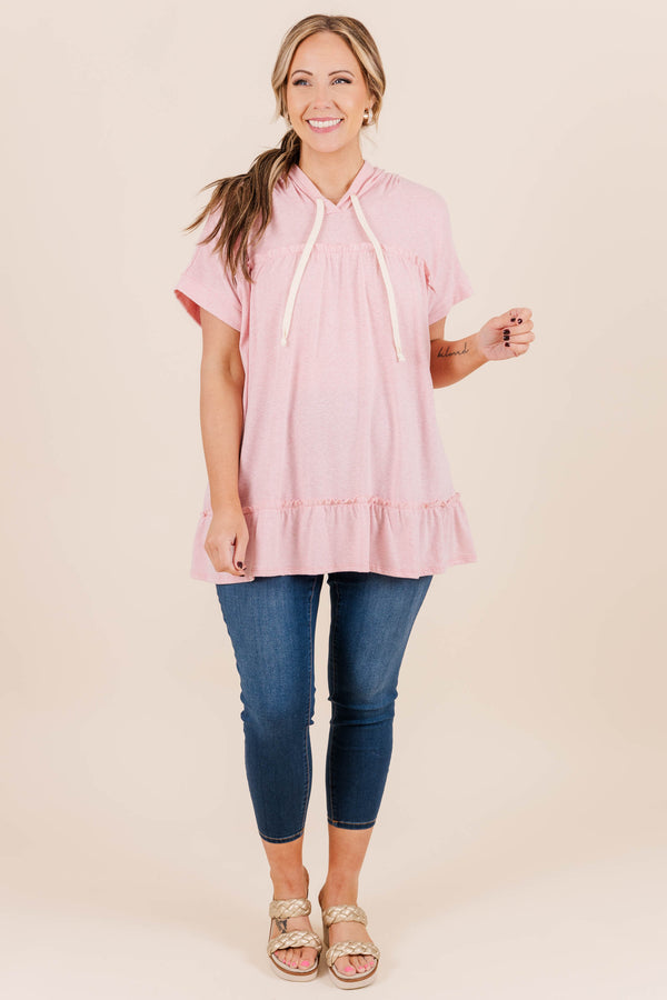 Chic Soul plus size clothing, short sleeve blush hoodie top with ruffle rim detail
