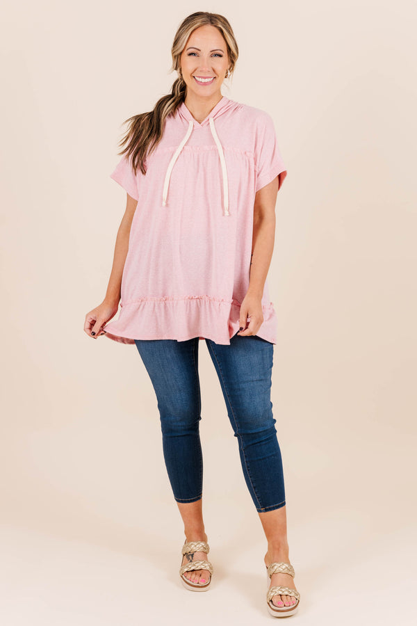 Chic Soul plus size clothing, short sleeve blush hoodie top with ruffle rim detail