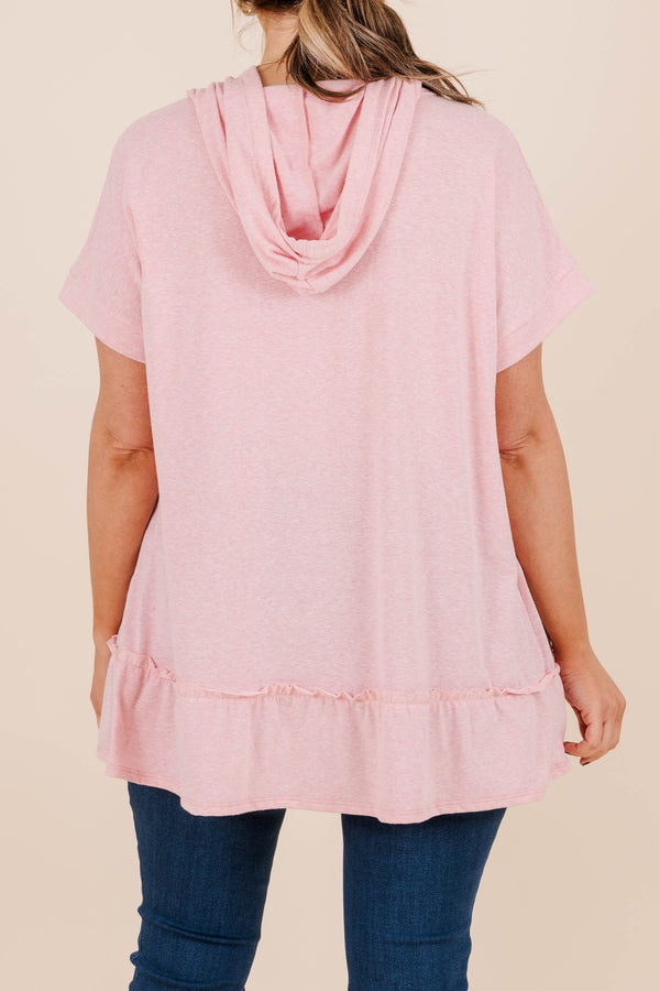 Chic Soul plus size clothing, short sleeve blush hoodie top with ruffle rim detail