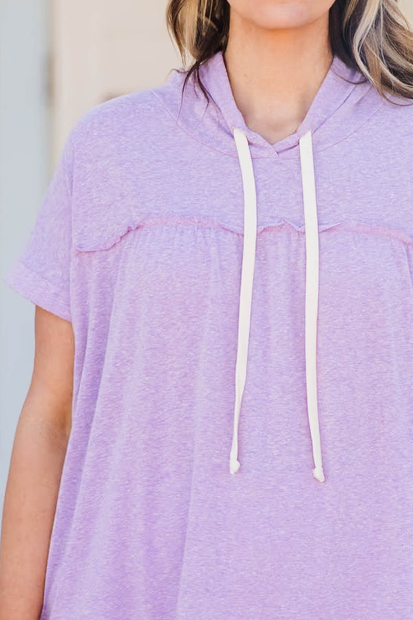 Chic Soul plus size clothing, lilac short sleeve hoodie with ruffle hem detailing