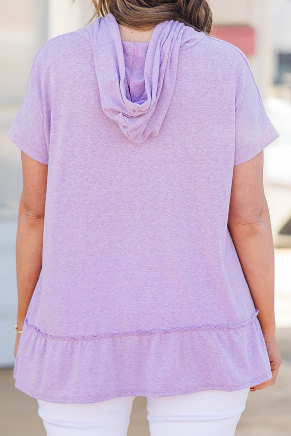 Chic Soul plus size clothing, lilac short sleeve hoodie with ruffle hem detailing
