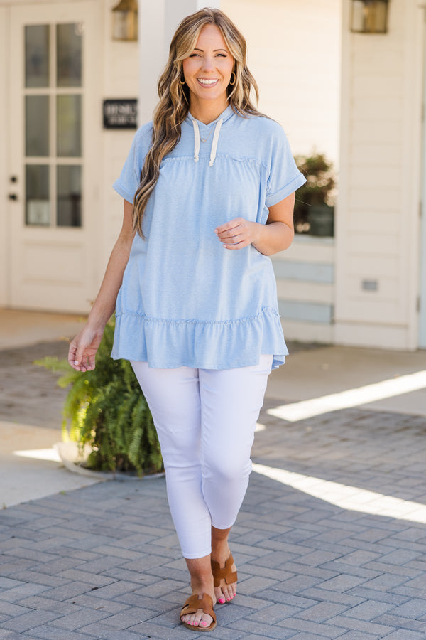Chic Soul plus size clothing, sky blue short sleeve hoodie top with hoodie and drawstring detail with ruffle along bottom
