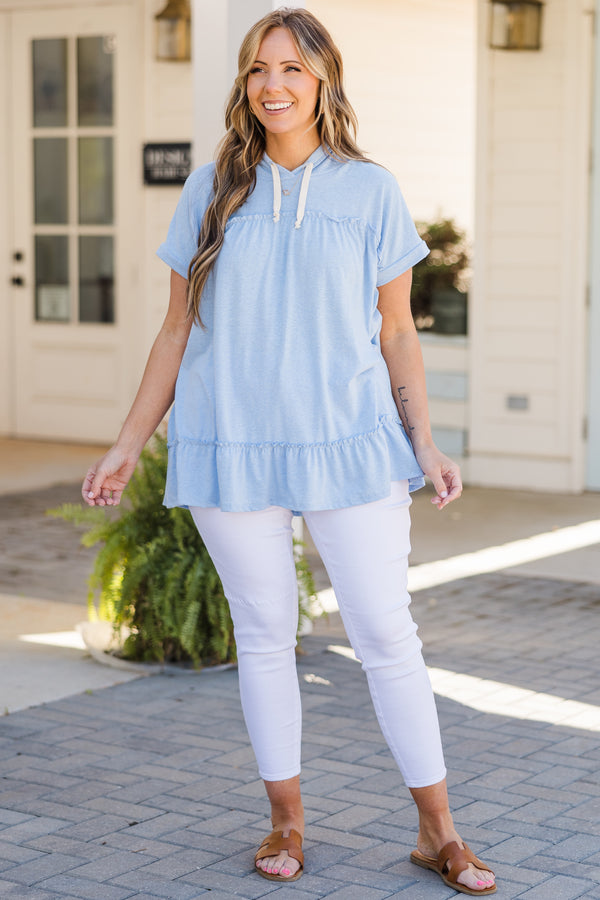 Chic Soul plus size clothing, sky blue short sleeve hoodie top with hoodie and drawstring detail with ruffle along bottom