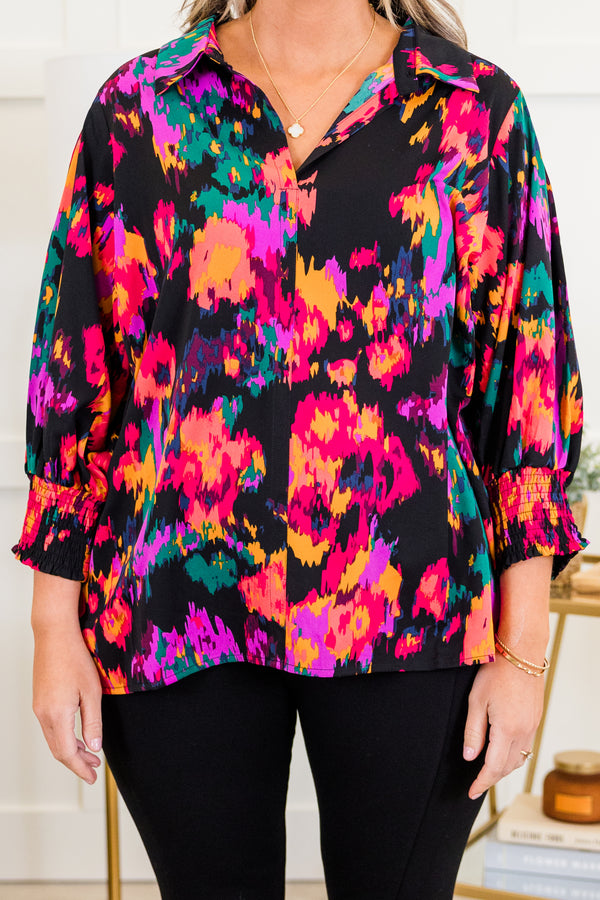 Chic Soul plus size clothing, black mix long sleeve abstract multi pattern top with v neckline and collar detail with smocked cuff sleeves