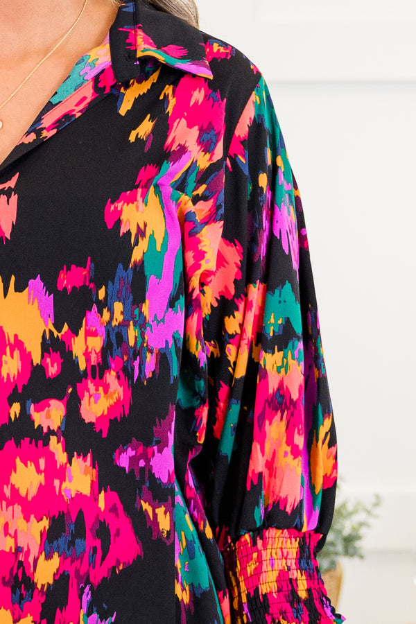 Chic Soul plus size clothing, black mix long sleeve abstract multi pattern top with v neckline and collar detail with smocked cuff sleeves