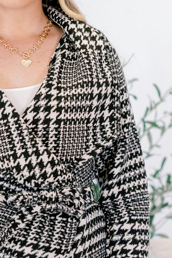 Chic Soul plus size clothing, black houndstooth wrap asymmetrical jacket with a tie belt at the waist 