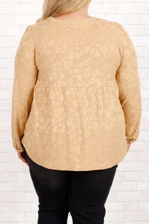 Chic Soul plus size clothing, beige leopard pattern long sleeves babydoll top