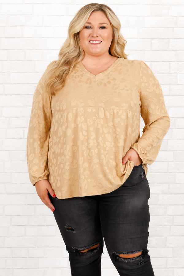 Chic Soul plus size clothing, beige leopard pattern long sleeves babydoll top