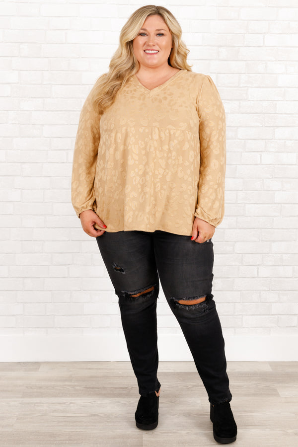 Chic Soul plus size clothing, beige leopard pattern long sleeves babydoll top