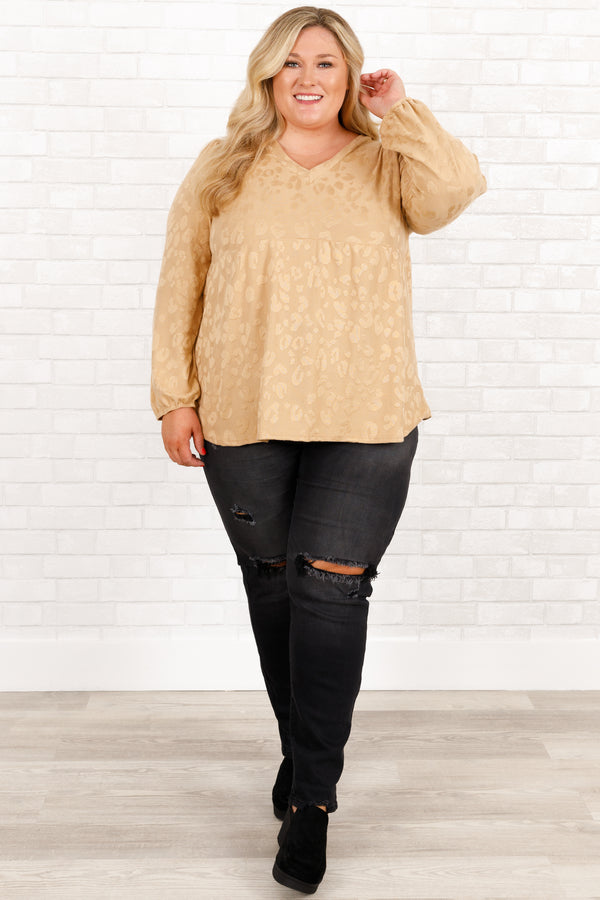 Chic Soul plus size clothing, beige leopard pattern long sleeves babydoll top