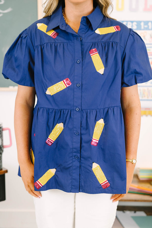Plus Size navy button-down babydoll top with sequin pencil patches and bubble sleeves.
