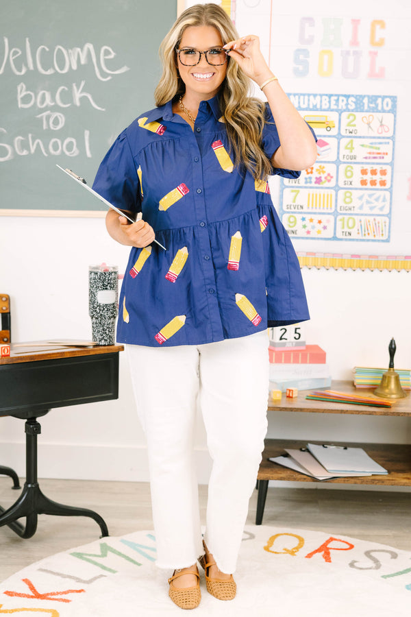 Plus Size navy button-down babydoll top with sequin pencil patches and bubble sleeves.