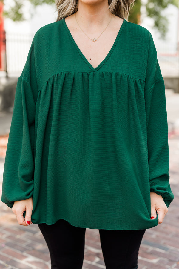 Chic Soul plus size clothing, hunter green long sleeve babydoll top with v neckline and cuffed bubble sleeves