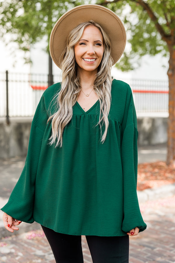 Chic Soul plus size clothing, hunter green long sleeve babydoll top with v neckline and cuffed bubble sleeves