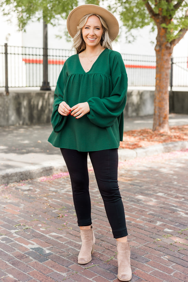 Chic Soul plus size clothing, hunter green long sleeve babydoll top with v neckline and cuffed bubble sleeves