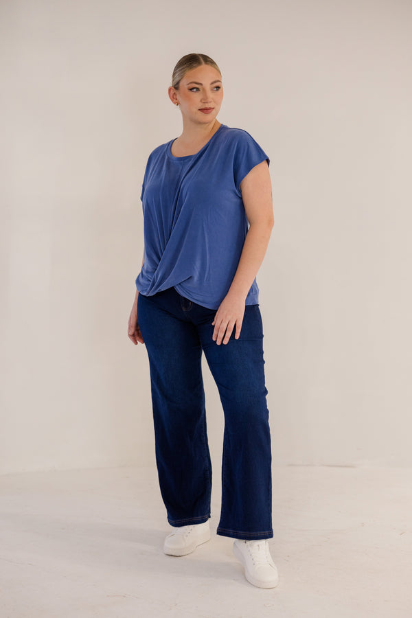 Chic Soul plus size clothing, ombre blue short sleeve flowy top with cross front detail with round neckline