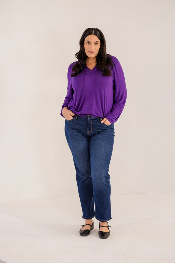 Chic Soul plus size clothing, petunia deep purple long sleeve top with v neckline with cuffed sleeves