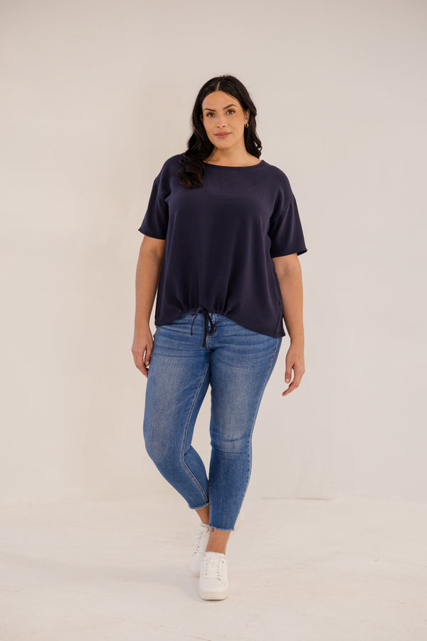Chic Soul plus size clothing, ink navy short sleeve front tie top with cinched detail on bottom with tie detail