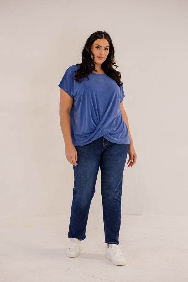 Chic Soul plus size clothing, ombre blue short sleeve flowy top with cross front detail with round neckline